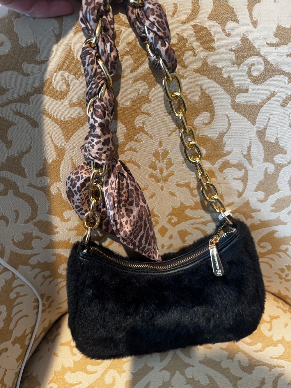 Jessica Simpson NWT Black Faux-Fur Chain Shoulder Bag with Leopard Scarf Accent